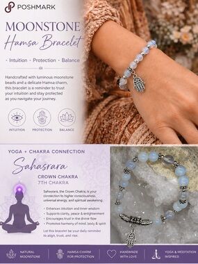 Sahasrara Crown 7th Chakra, Genuine Moonstone Hamsa Bracelet